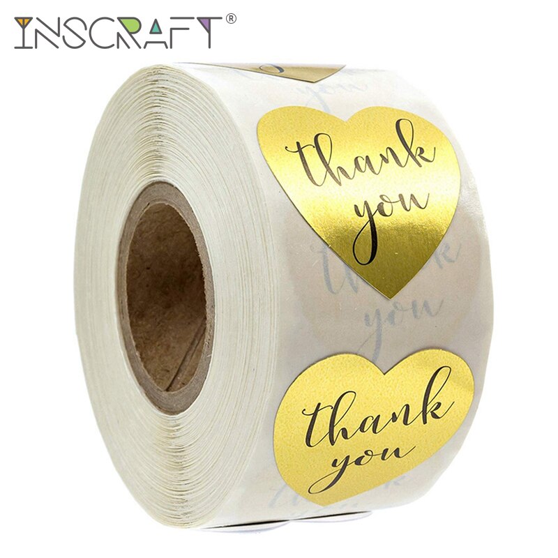 500 Stickers 2.5cm Small Gold Foil Thank You Stickers Heart Shape Adhesive Business Labels Decorative Sealing Labels