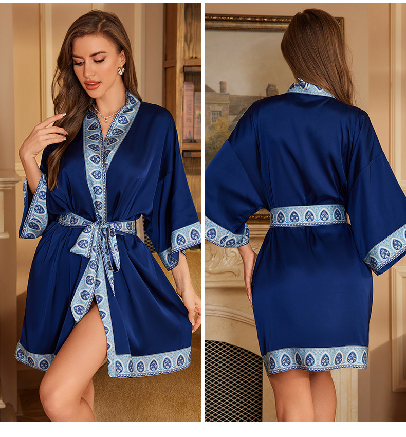 Seide Kunstseide V-Ausschnitt Kimono Kleid Kleid Frauen elegante kurze Bademantel Nachtwäsche Dame Party Salon tragen Nachthemd: Himmel Blau