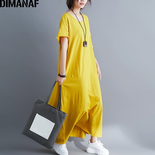 Dimanaf plus size vestido feminino tamanho grande algodão vestidos femininos roupas soltas casual senhora maxi vestido longo básico sólido verão 2021: Yi98119CN-huang / XL