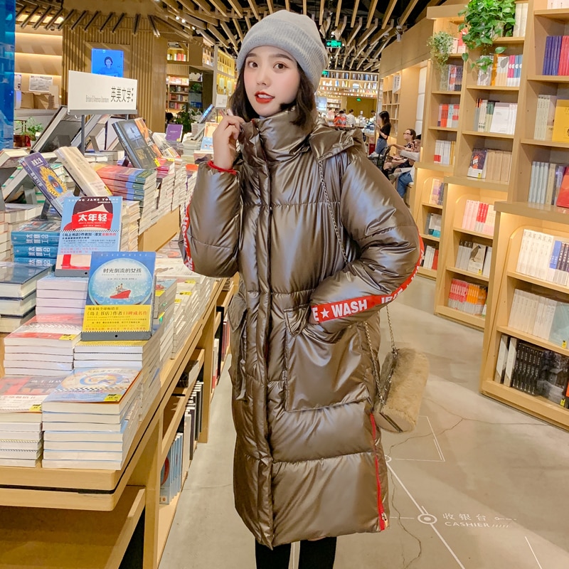 hiver longue veste pour femmes col montant Parka femme manteau à capuche avec tissu brillant Long coton rembourré