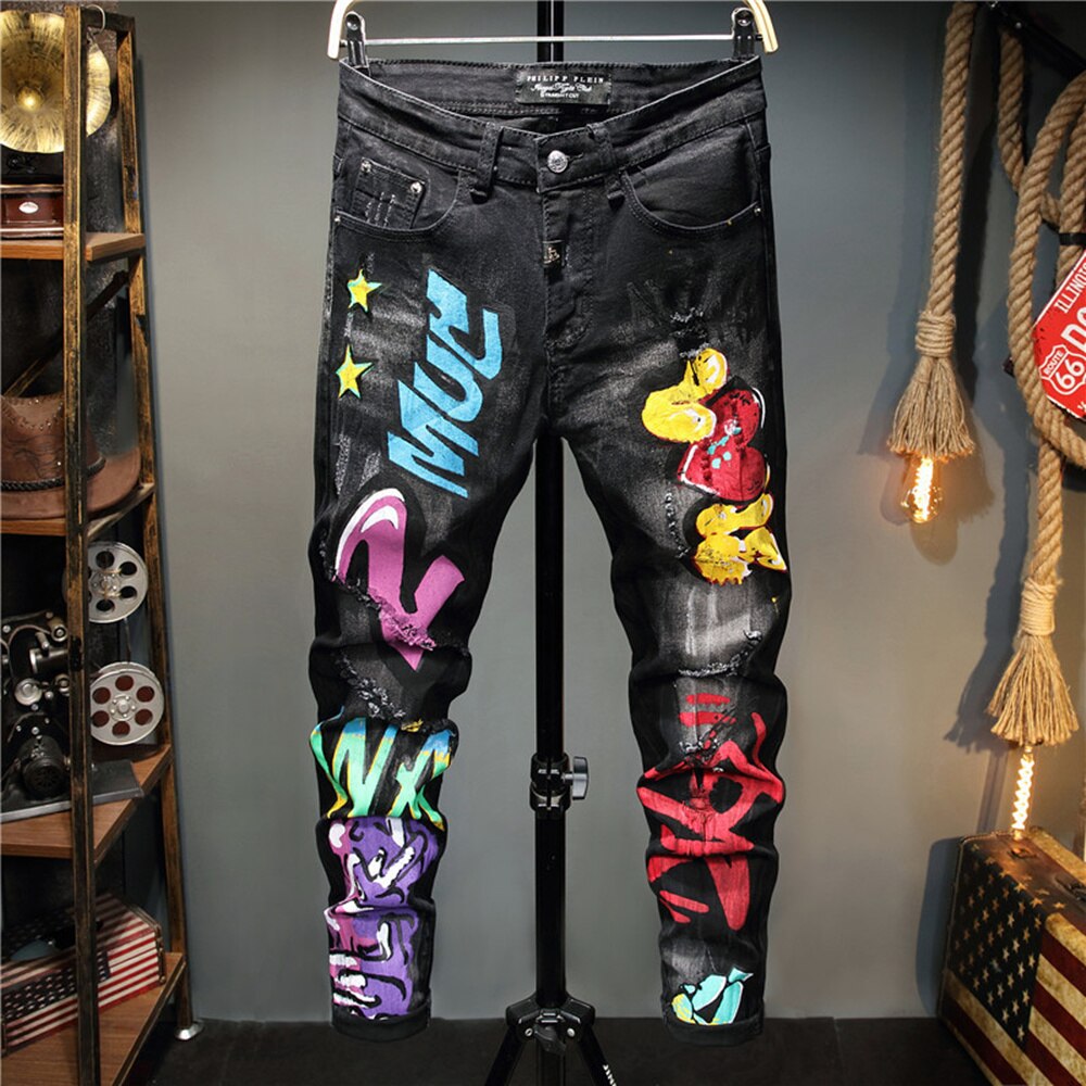 Jean noir imprimé Graffiti pour homme, vêtement pour adolescent, Micro élastique, tendance, décontracté