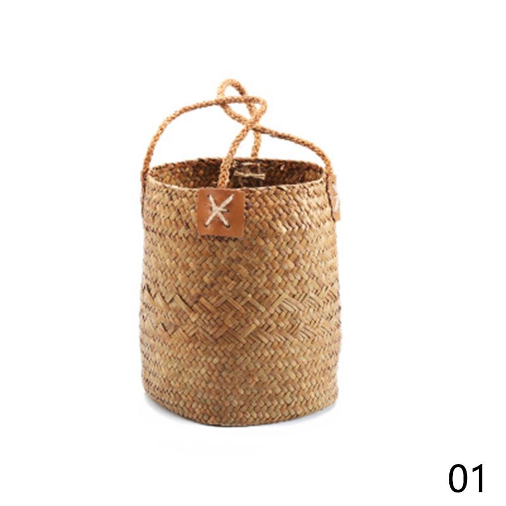 Seagrass Woven Storage Baskets Garden Flower Vase Hanging Basket Rattan Planter Potted Organizer Home Laundry Basket with Handle: 01 S