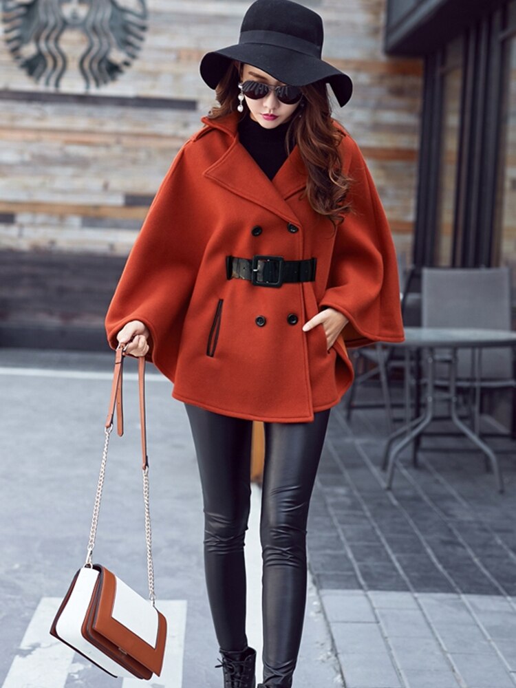 Fall Winter Woolen Shawl Cape Poncho Coat With belt Women Korean Long Sleeve Plus Size Ladies Woolen Cape Coats