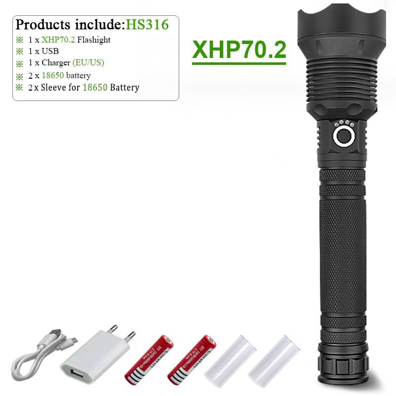 Linterna LED xlampara XHP70.2 XHP90 de gran potencia, linterna LED con USB XHP50, linterna táctica con Zoom, batería recargable de 18650 26650: XHP70-18650 Suit