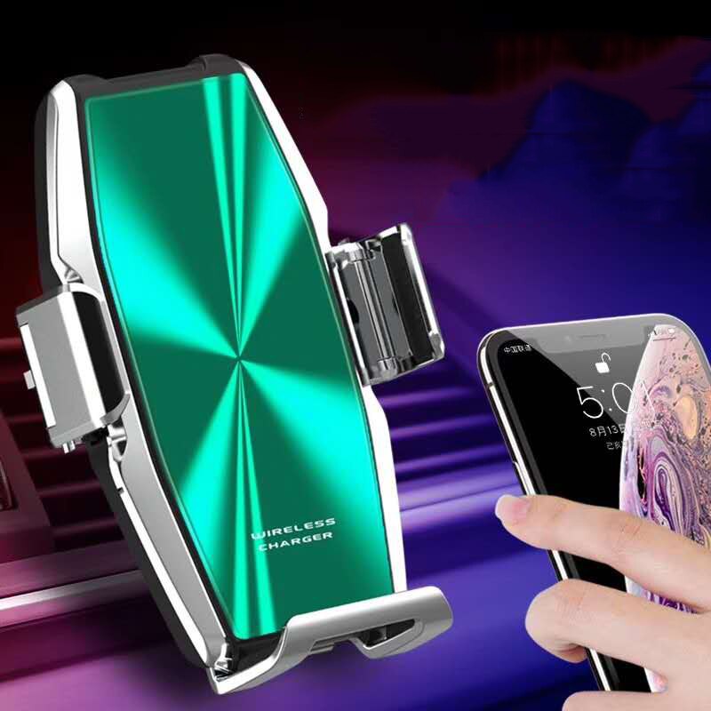 Cargador de teléfono inalámbrico para coche Qi de 15W, sujeción automática, soporte de teléfono de carga rápida para Huawei P30Pro, Xiaomi 10, iPhone 11, SamsungS10: Green