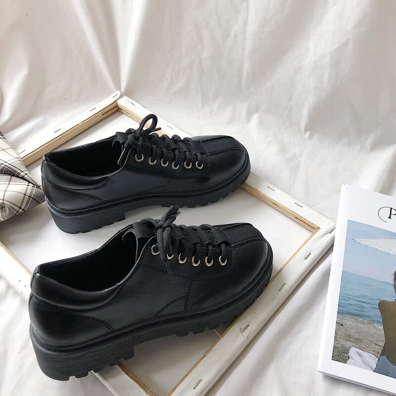 Patchwork cross-tied round toe oxfords creepers muffin british shoes women sewing brand flats all match leather footwear: Black / 6