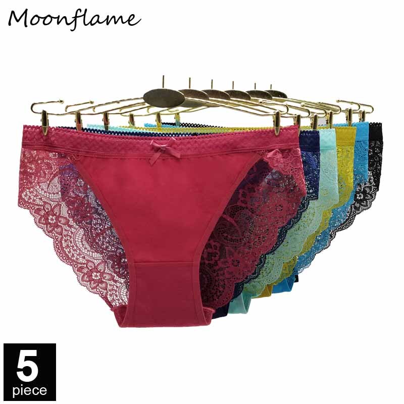 Moonflame 5 Pcs / Lots Low Rise Solid Color Cotton Sexy Lace Underwear For Women M L XL 89456: L