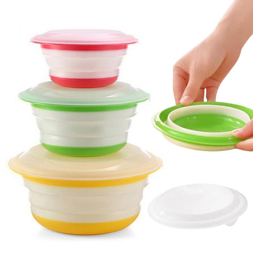 3PCS/Set Scrub Solid Folding Bowl Portable Tableware Food Container Retractable Silicone Collapsible Storage Lunchbox with Lid