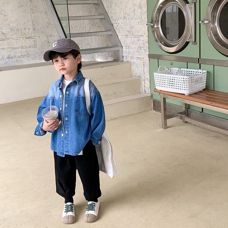 Spring boys casual denim jackets turn-down collar loose dipdye Unisex shirt 1-8Y