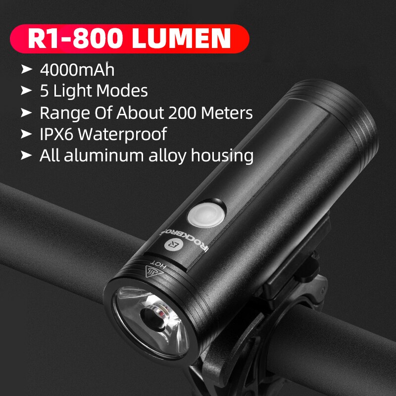 ROCKBROS 800 Lumen Bike Headlight High Power Bicycle Handlebar Front Lamp Waterproof Rechargeable LED Flashlight Cycling Light: R1-800 Lumen