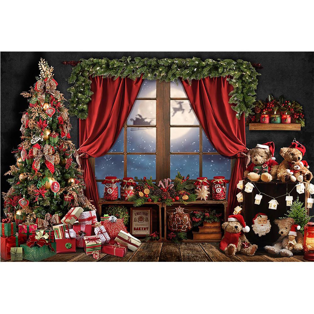 Christmas Bears Room Backdrop Red Curtain Winter Window Wonderland Big Moon Background Birthday Portrait Photography Props