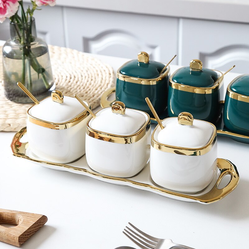 Ceramic Condiment Spice Jars Set Bottle Luxury Golden Salt Sugar Tea Container Storage Jar Household Cooking Kitchen Tool