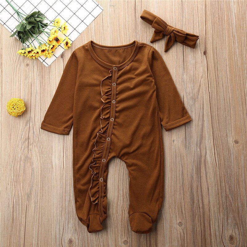 Newborn Baby Girl Brown Footies Single Breasted Baby Boy Button Jumpsuit Playsuit Footies Clothes Outfits