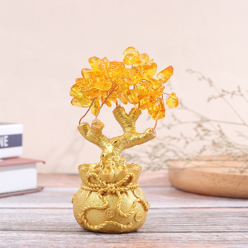 1Pcs Golden Crystal Lucky Schat Boom Gunstige Wishful Rijkdom Home Office Decoratie Standbeeld Kristal + Hars: Yellow