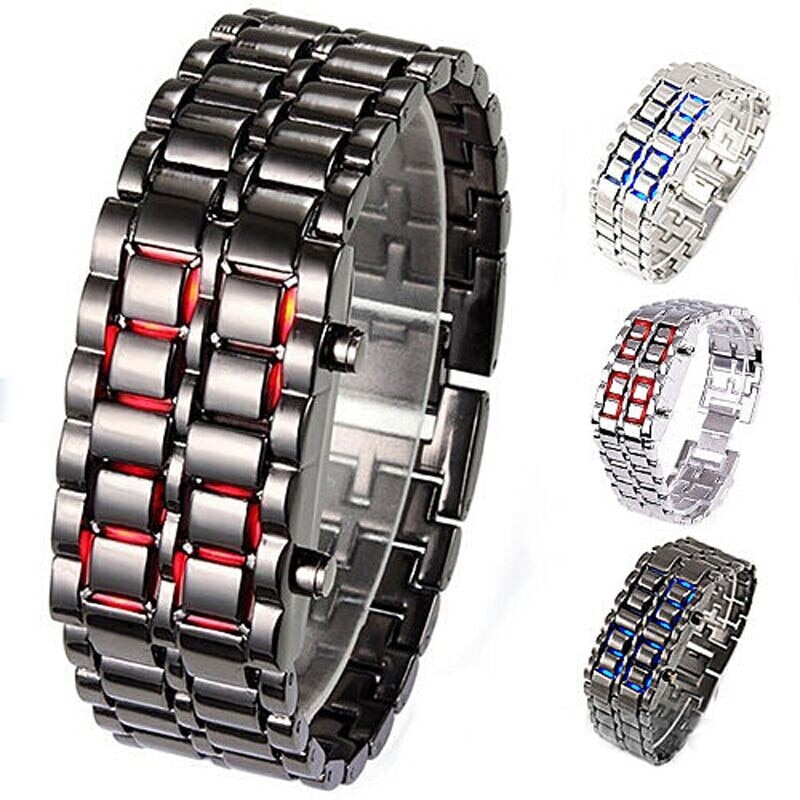 Mode Led Digitale Elektronische Horloges Roestvrij Stalen Armband Horloge Mannen Lava Iron Samurai Metal Led Faceless Digitale Horloges