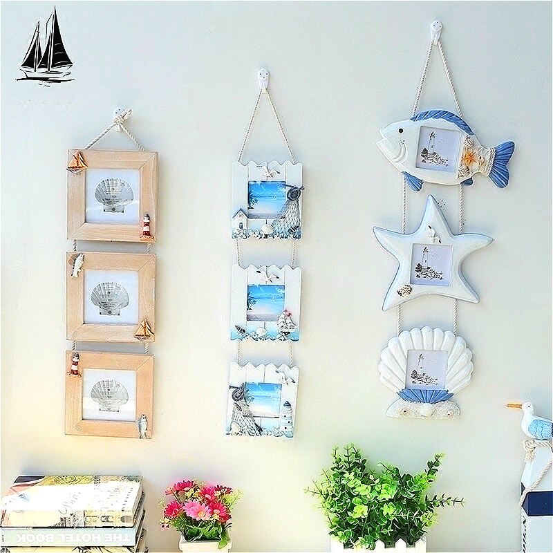 Mediterranean Wall Decoration Wooden Photo Frame Three-link Pictures Frame Starfish Shell Craft Kids Room Decoration Accessories