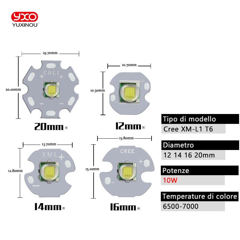 1 pièces CREE XML XM-L T6 LED U2 10W blanc haute puissance émetteur de LED avec 12mm 14mm 16mm 20mm PCB pour bricolage