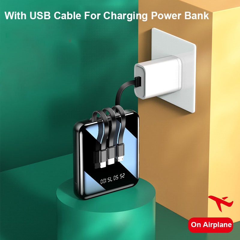20000mAh Mini Power Bank Mit Micro USB TYP C Kabel Tragbare Ladegerät LED Spiegel Power Bank Externe Batterie Pack power