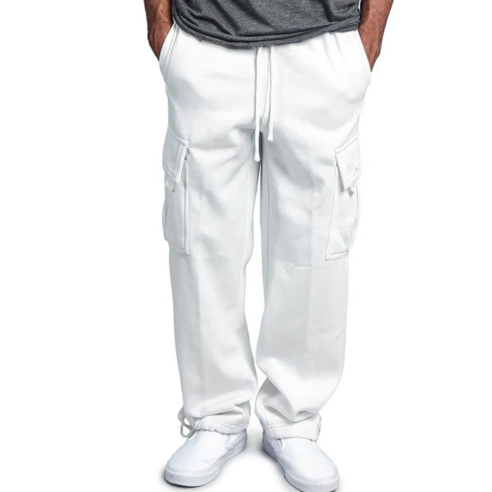 Losse oversized joggingbroek met rechte pasvorm voor heren: ideaal voor sport en streetwear, lange broek met trekkoord en meerdere zakken: S / WHITE