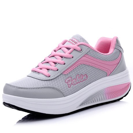 Walking Shoes Mesh Breathable Ladies High Shoes Outdoor Brand Lace-up Shoes Platform Wedge Heels Sneaker Women Shake Shoes: Gray pink / 35