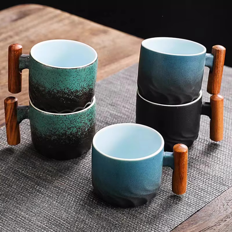 Handmade Ceramic Coffee Mug with Wooden Handle - Retro Tea Cup, Office Water Cup Filter , Unique Birthday