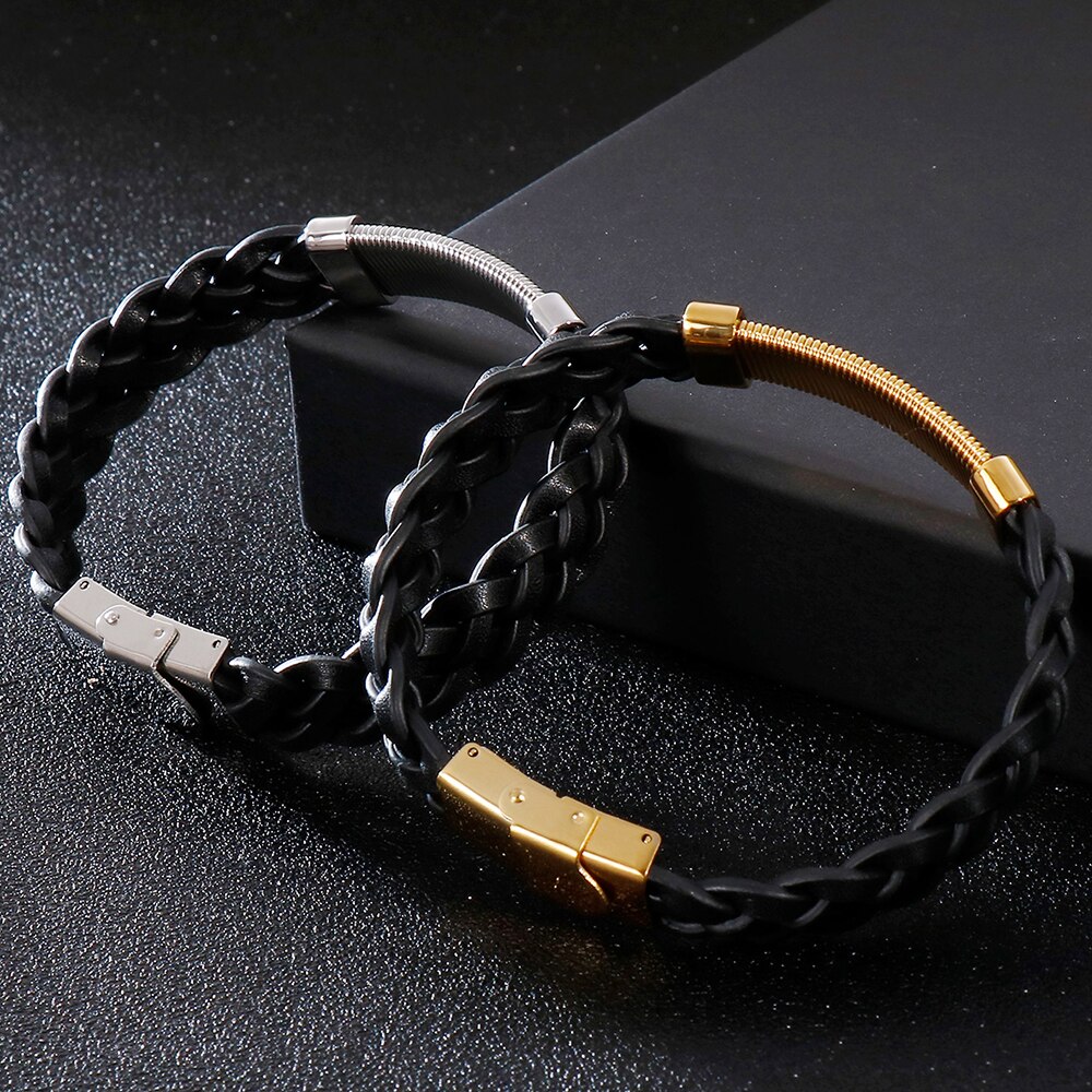 Vintage sieraden, gouden roestvrijstalen polsbandjes voor jongens, 13mm brede gevlochten leren armbanden voor mannen, zwarte armbanden