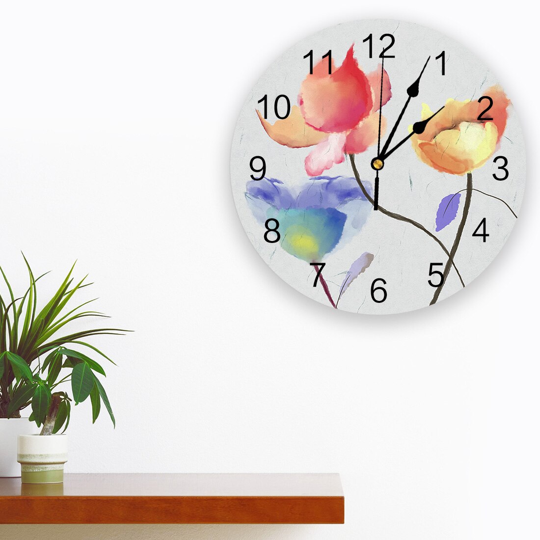 Horloge murale en pvc effet encre, motif plante et fleur, horloge numérique, décoration d'intérieur, décoration de salon moderne