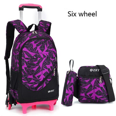Teenagere skole rygsæk aftagelige børn skoletasker med 2/6 hjul trapper kid drenge piger trolley skoletaske bagage bog taske: 6 lilla