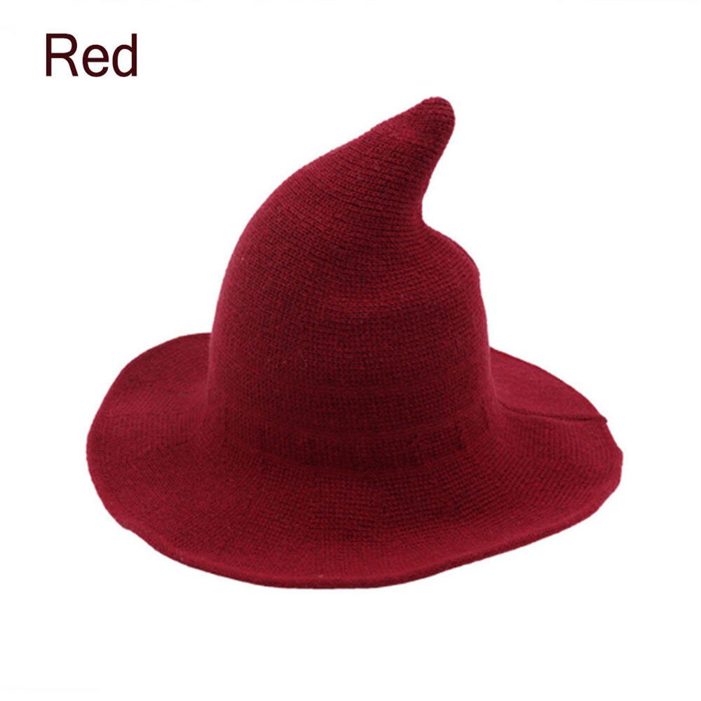 Nyeste kvinder moderne hekse uld hat foldbart kostume skarpt spids uld filt halloween fest hatte hekse hat varm kasket: Rød