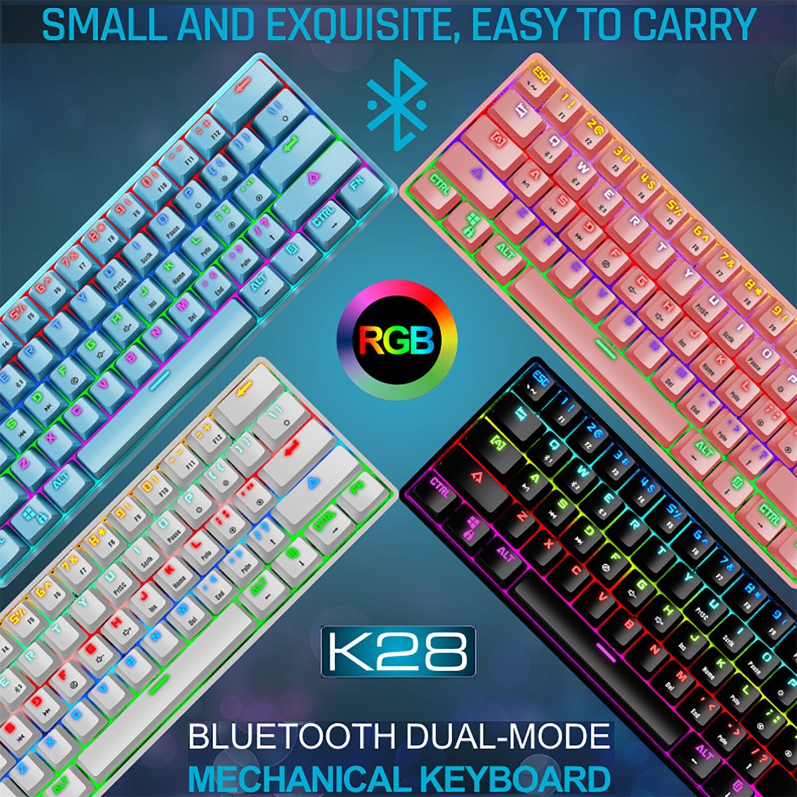 K28 Sans Fil Bluetooth 61 touches bi Rvb Rétroéclairé Clavier De Jeu Mécanique Étanche Divertissement Pour Ordinateur De Bureau Gamer