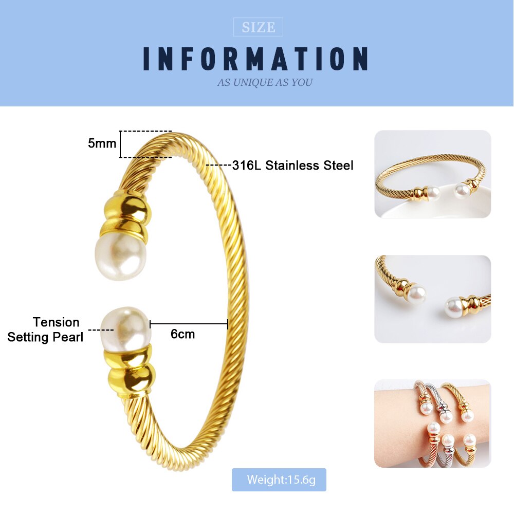 FINE4U B055 Adjustable Pearl Cuff Bracelet Bangles For Women 316L Stainless Steel Twisted Cable Bracelets