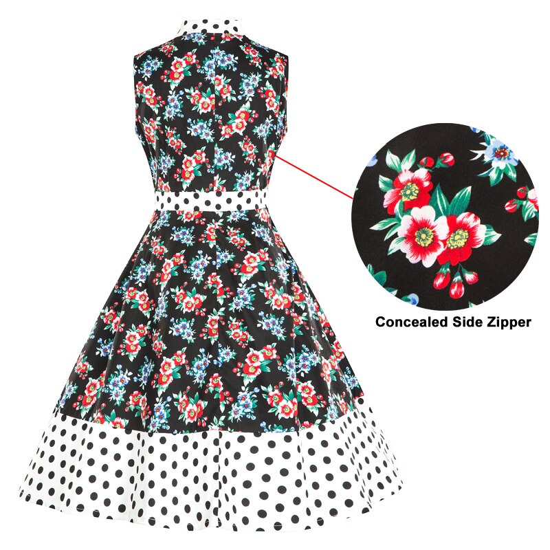 Tonval retro Rockabilly Blumen- drucken Frauen Kleid verrotten Kontrast Hohe Taille EINE Linie Skater Kleider Jahrgang Midi- Polka Punkt Kleid
