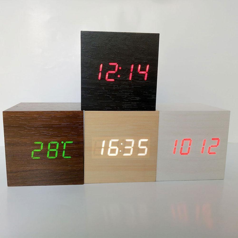 Alarm Clock LED Wooden Watch Table Voice Control Digital Wood Despertador USB/AAA Powered Electronic Desktop Clocks