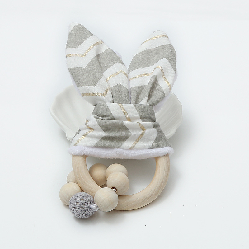 BalleenShiny Baby Kaninchen Ohren Rasseln Beißring Spielzeug Beruhigende Infant Holz Zahnen Spielzeug Kinder Kinderwagen Dekoration Zubehör: gray