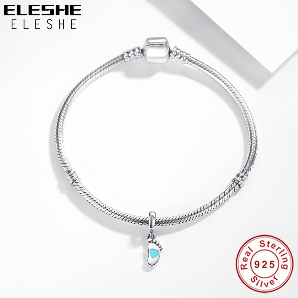 ELESHE Liebe Baby Füße Fuß Blau Herz Perle 925 Sterling Silber Baumeln Charme passen Original Armbinde Halskette Für Frauen DIY schmuck