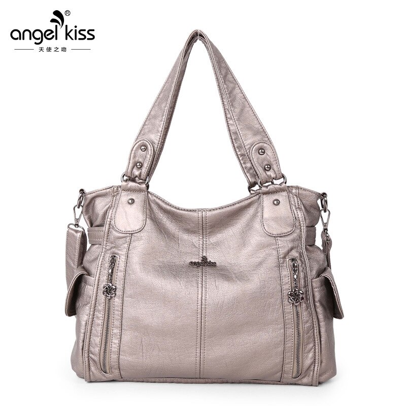 Bolso de hombro de lujo suave de múltiples bolsillos para mujer , bolsos de compras de piel sintética de , bolsos de invierno de para mujer: Gris