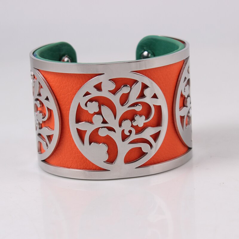 Árvore da vida pulseira de aço inoxidável ajustável georgette bangles intercambiáveis pulseira de couro para presente de jóias femininas: 5cm wide orange