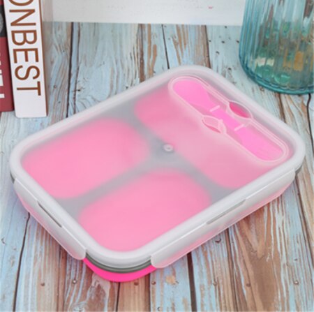 1100ml x 3 komory silikonowy składany obiad skrzynka kuchenny składany przenośny pojemnik bento pojemnik robić przechowywania żywności ekologiczny lunchbox: Różowy