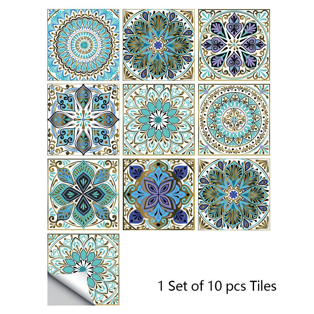 10 uds, pegatinas de azulejos Vintage, autoadhesivas, impermeables, mosaicos marroquíes, calcomanías de pared, estilo bohemio contemporáneo: 5