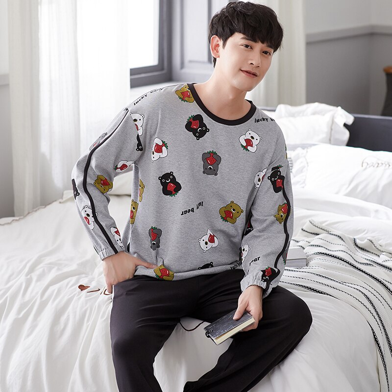 XIZOU-Pijama de talla grande 3XL para hombre, ropa de casa, Otoño, algodón, pantalones, ropa de dormir, manga larga