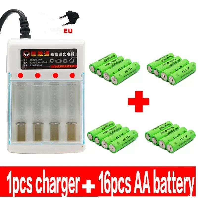 100% AA battery 4000mAh rechargeable battery AA 1.5V Rechargeable Alcalinas drummey +1pcs 4-cell battery charger: Red