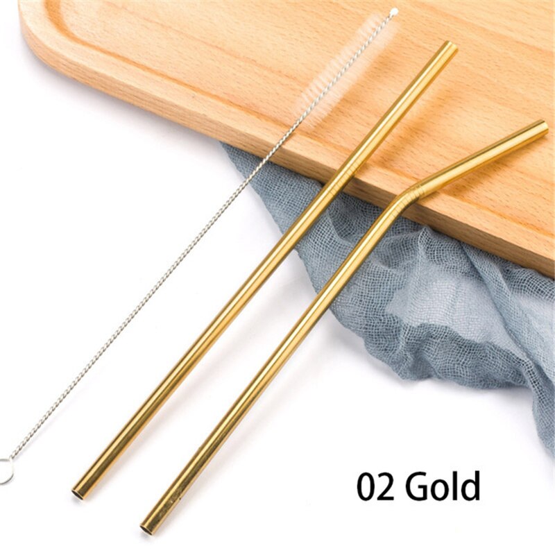 Stainless steel straight/elbow straw portable set reusable straw and straw cleaning brush silver/gold/rose gold/black/rainbow: 2