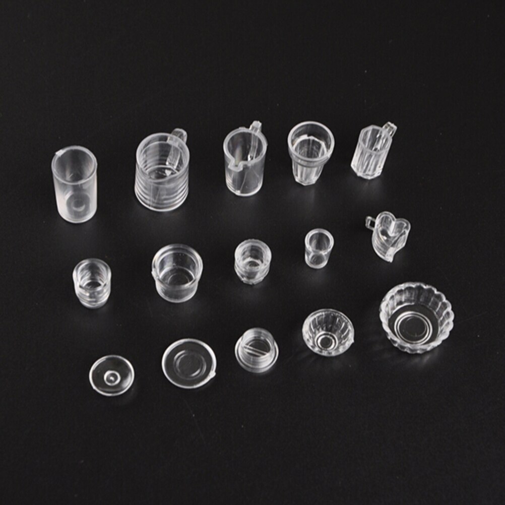 15pcs/set Cup Set Mini Plastic Doll House Miniatures Tableware Drink Wine Bottles Goblets Beer Plates Accessories