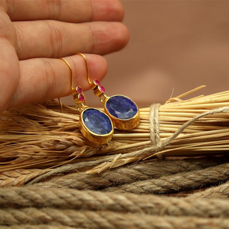 Etnische Ronde Blue Zircon Oorbellen Voor Vrouwen Vintage Gold Kleur Rood Steen Metalen Geometry Dangle Oorbellen Sieraden