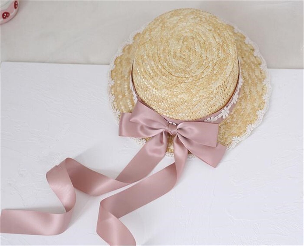 Mori Girl Cute Big Bow Lace Ribbon Lolita Straw Hat Sweet Princess Lolita Flat Cap Beach Cap B1527: 8
