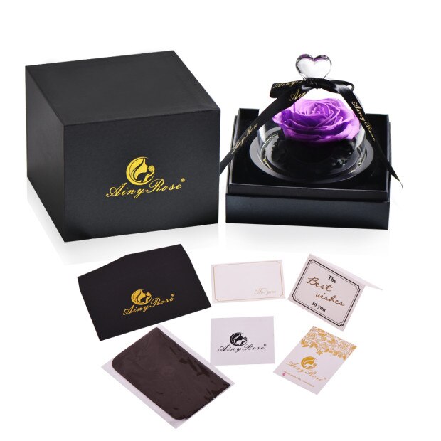AINYROSE fleur de Rose artificielle en dôme de verre avec lumière LED boîte lampe de nuit Rose éternelle d'anniversaire de mariage pour fille: Purple with gift box