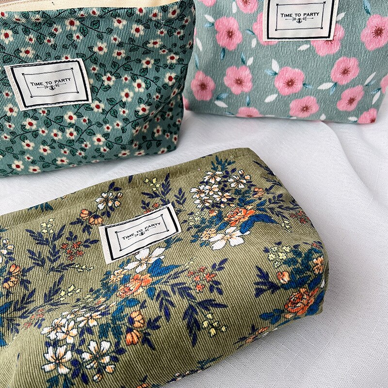 Flowers Print Cosmetic Bag Corduroy Washing Bag Large Capacity Women Travel Cosmetic Pouch Make Up Storage Bags