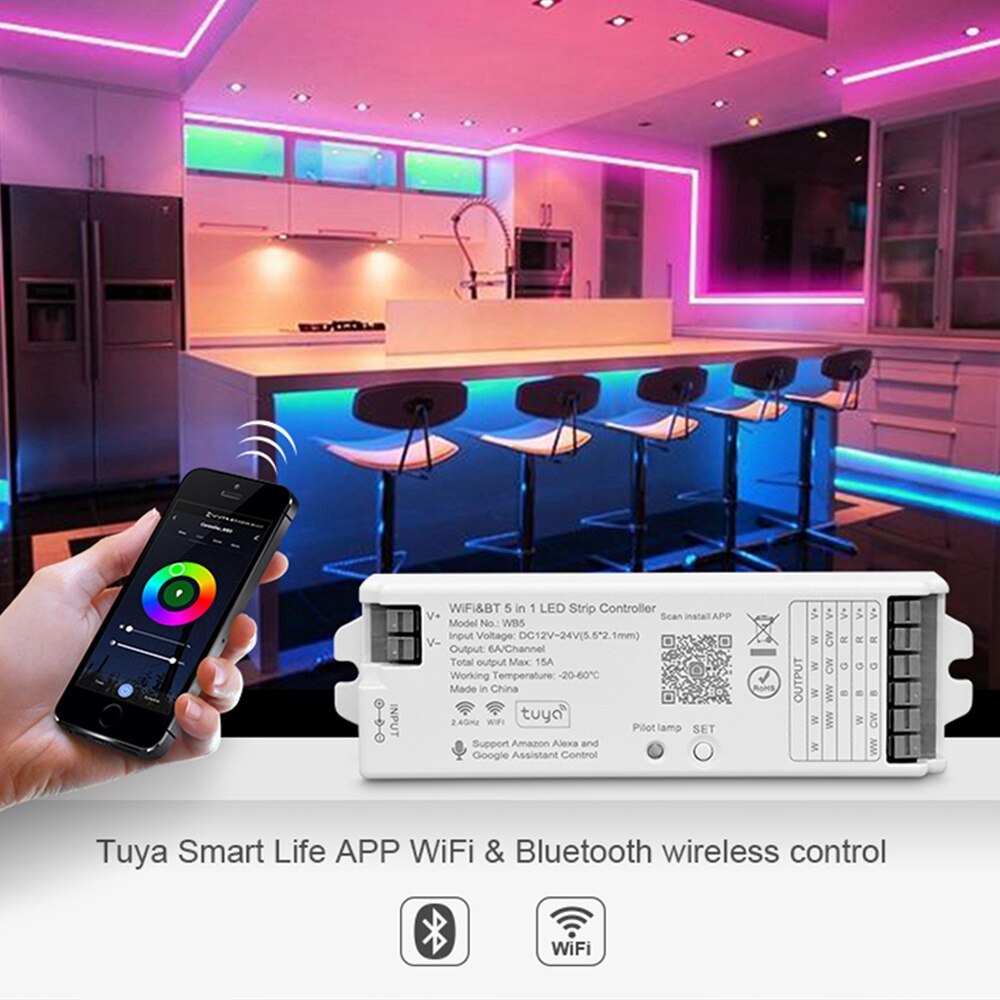 WB5 Bluetooth &amp; RF 5 In 1 LED Controller 5CH Tuay APP For Single Color CCT RGB RGBW RGBCCT Led Strip Lighting Tape