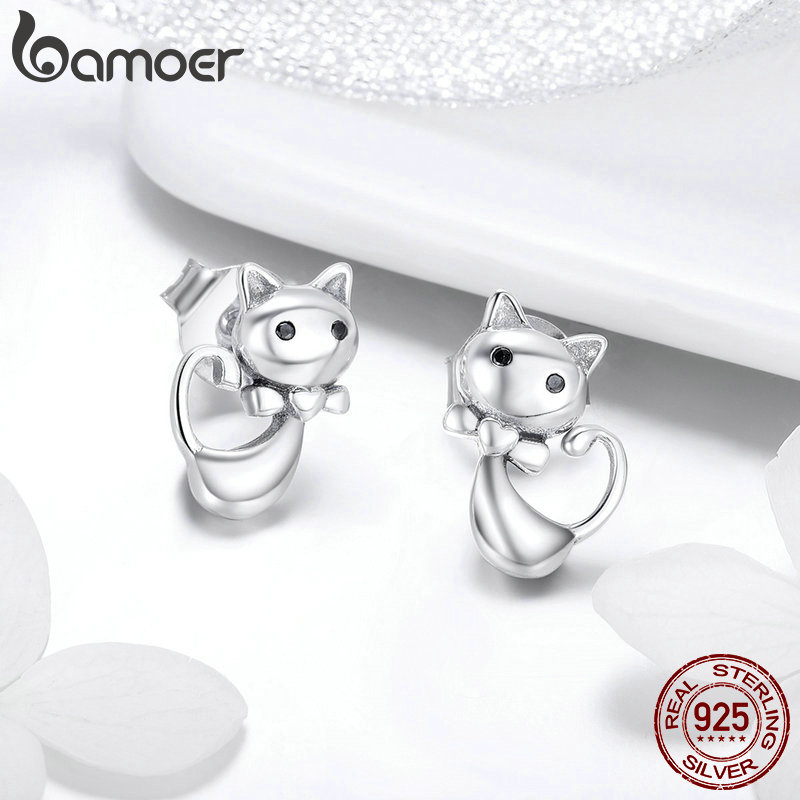 Bamoer kat samling 925 sterling sølv klæbrig kat dyr små øreringe til kvinder sterling sølv smykker sce 450