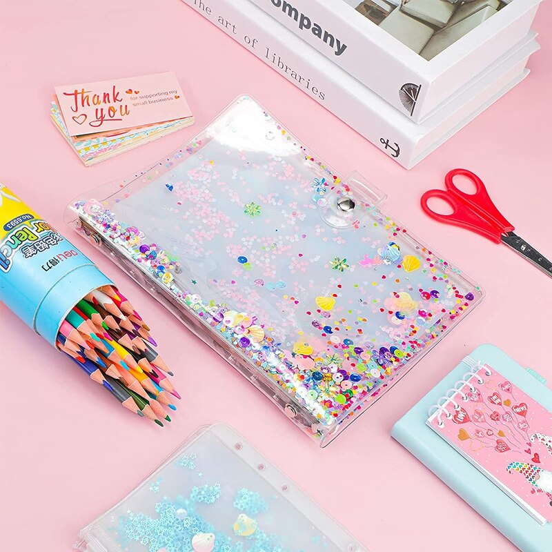 10 Pcs Binder Pockets with Notebook Binder Cover 6-Ring Loose Leaf Binder Pockets for School Office (A5 Size)